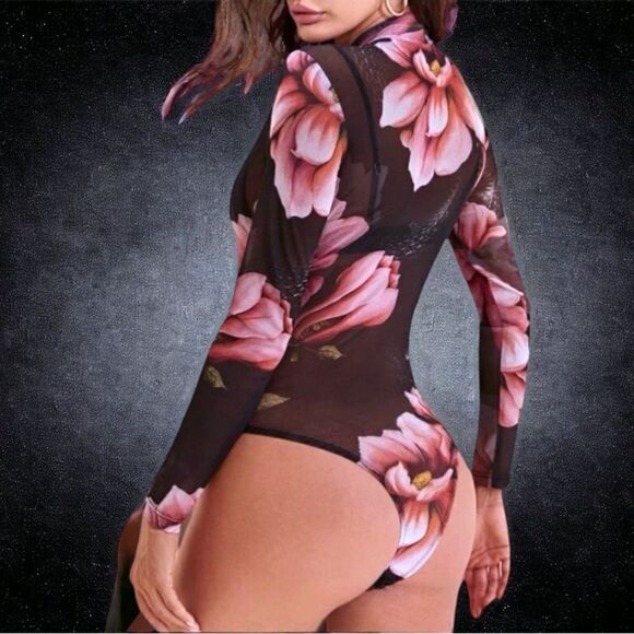 Bodysuit l Long-Sleeve l Black, Black trim, Floral Print l Sheer l New - Picture 5 of 8
